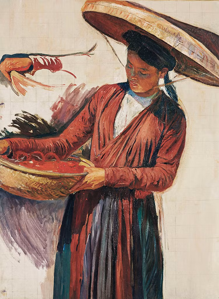 "Người phụ nữ miền Bắc cầm cái mẹt", sơn dầu, Victor Tardieu, 1923. Muốn truyền dạy cho người Việt các kỹ thuật hội họa phương Tây, Victor Tardieu đã vận động các nhân vật có uy tín để thành lập một trường mỹ thuật ở Đông Dương, điều vốn đi ngược chính sách thuộc địa thời đó.