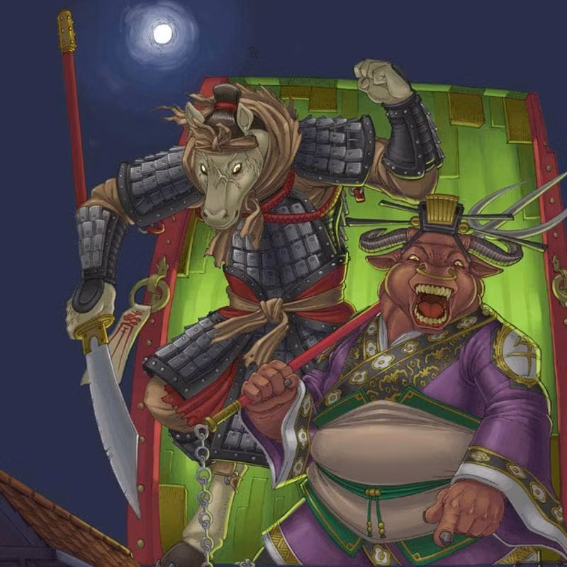 Theo đó, Đầu Trâu, Mặt Ngựa là tên gọi của một bộ đôi tiểu thần làm việc cho Diêm Vương, người cai quản Âm phủ. Họ đều mang thân của con người, nhưng cái đầu lại là của trâu và ngựa.