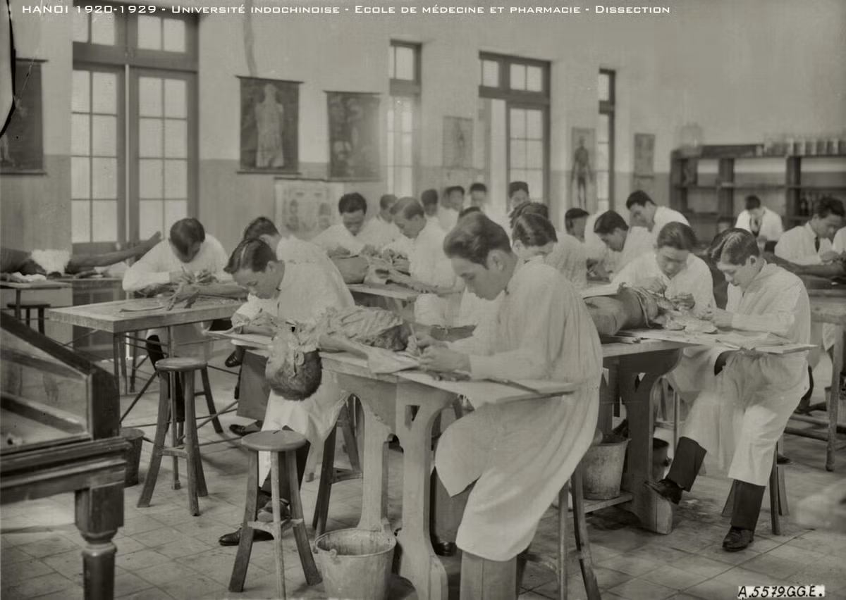 Các sinh viên y – dược của Trường Y khoa Đông Dương thực hành giải phẫu trên thi thể người.