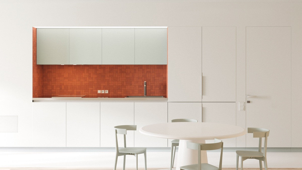 Căn phòng trắng toát tạo điểm nhấn nhờ mảng tường ốp màu đỏ ấn tượng