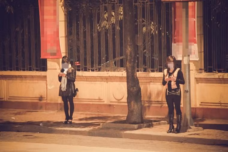 Bất chấp thời tiết lạnh, những cô gái này vẫn đứng xếp hàng, mặc không đủ ấm. Họ tụ tập thành nhóm từ 2 - 4 người, đứng chờ khách dưới các gốc cây.