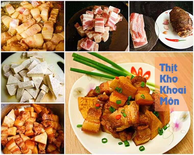Hoặc biến tấu với thịt kho khoai môn.