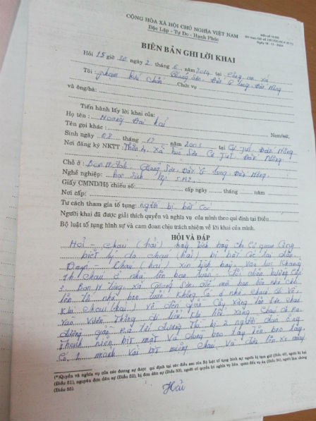 Biên bản ghi lời khai của cháu Hải.