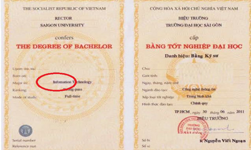 Cụ thể, phần thông tin tiếng Anh trên bằng đại học có sự sai tên chuyên ngành “Công nghệ Thông tin”, được viết là “infomation” (thiếu chữ "R", đáng lẽ phải là “information”). Trao đổi với Kiến Thức, đại diện nhà trường cho biết, trường đã tìm mọi cách khắc phục, đồng thời ra quyết định xử lý đối với cán bộ in ấn văn bằng.