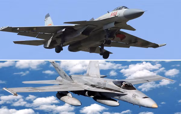 Tiêm kích hạm J-15 (trên) và F/A-18 (dưới).