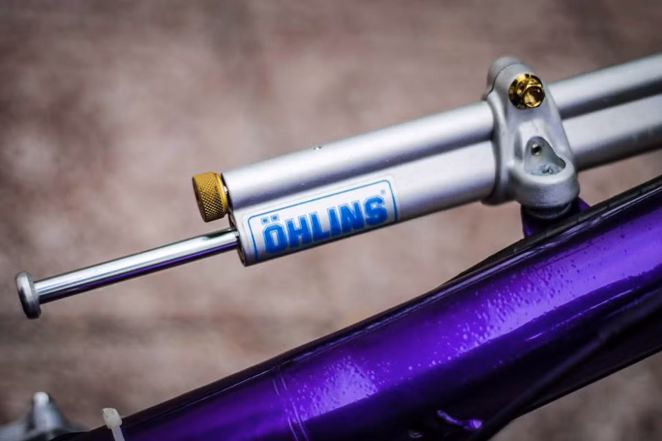 Trợ lực Ohlins nổi bật đi cùng kẹp sườn khá dài, khung sườn được sơn tím.