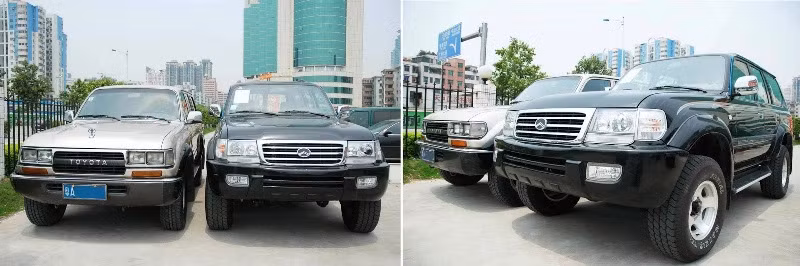 So sánh mẫu Land Cruiser đời 80 với "hàng nhái" của Trung Quốc, nhận thấy logo của Toyota trên lưới tản nhiệt được thay thế bằng logo của Huaxiang.