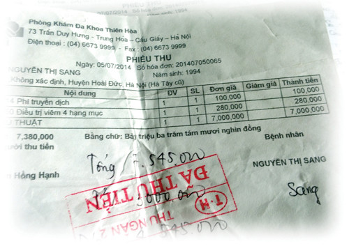 Hóa đơn thu tiền bệnh nhân, tố PKTH đã dùng thủ thuật phá thai.