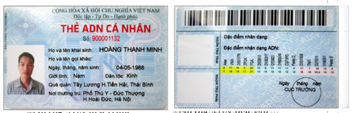 Mặt trước (phải) và mặt sau mẫu thẻ ADN cá nhân.