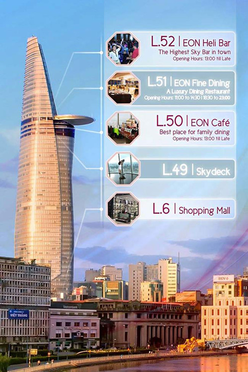 Đại tiệc pháo hoa này sẽ kéo dài từ 0h đến 0h15 ngày 1/1/2015. Tòa tháp Tài chính Bitexco cao 68 tầng tại TP HCM từng lọt top 5 trong danh sách 20 tòa tháp chọc trời ấn tượng nhất thế giới do Kênh Văn hóa Du lịch CNNGo của hãng tin CNN bình chọn.