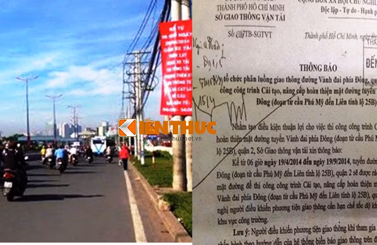 Điều đáng nói là dù tuyến đường bị thu hẹp để thi công cần phải hạn chế phương tiện, tuy nhiên khi công trình mới được rào chắn thi công hơn 1 tuần, Sở GTVT TP HCM đã thực hiện việc cấm xe tải (từ 2,5 tấn hoặc xe có tổng tải trọng trên 5 tấn) lưu thông qua cầu Sài Gòn từ sáng đến 24h. Điều này đồng nghĩa với việc xe tải bị "lùa" qua đường Vành đai Đông để qua cầu Phú Mỹ về các cảng Tân Thuận, Khánh Hội, Khu công nghiệp, KCX...ở quận 7, quận 4, Nhà Bè... (ảnh trái thông báo cấm xe tải qua cầu Sài Gòn từ 28/4 và ảnh phải thông báo tổ chức phân luồng giao thông thi công đường Vành đai đông của Sở GTVT TP HCM).