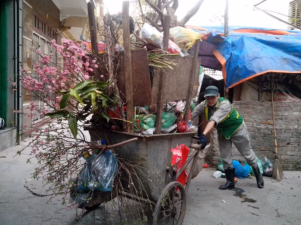 Còn đối với những người công nhân vệ sinh môi trường, năm nào cũng vậy, mỗi dịp sau Tết là nỗi "cực hình" với họ. Anh Trần Đức Tuấn, người đã có thâm niên công tác 7 năm trong nghề chia sẻ: " Năm nào sau Tết cũng vậy, đào quất là cứ chất đầy xe, nặng thì chẳng là bao nhưng rất cồng kềnh, cản trở giao thông. Đặc biệt, năm nay thời tiết nóng bức, dân mình vứt đào sớm, khiến chúng tôi trong mấy ngày Tết phải đi sớm về muộn".