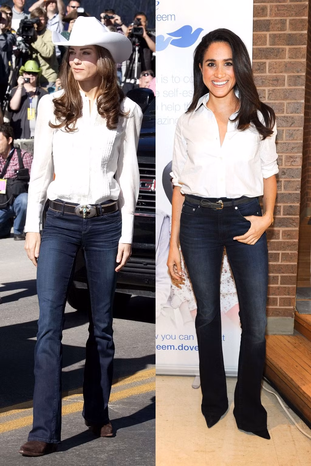 Cả hai lột xác cá tính với set đồ kết hợp jeans và sơ mi trắng. Middleton phong cách hơn khi mix thêm phụ kiện mũ cao bồi.