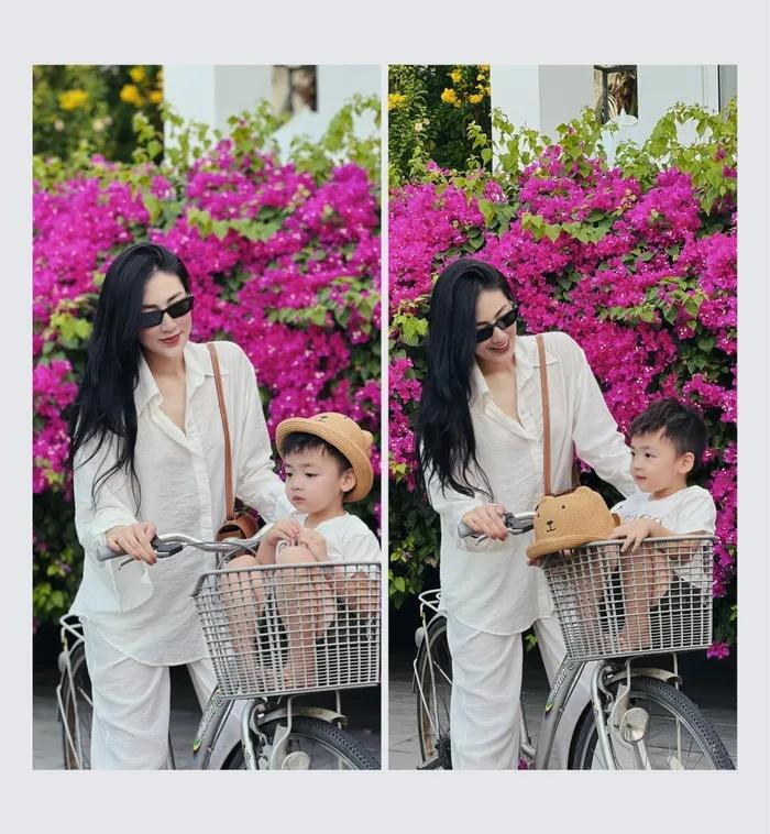 hậu Tú Anh lên đồ đồng điệu, thoải mái với con trai ngày cuối tuần.