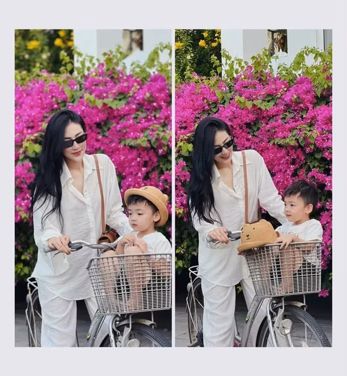 Á hậu Tú Anh lên đồ đồng điệu, thoải mái với con trai ngày cuối tuần.