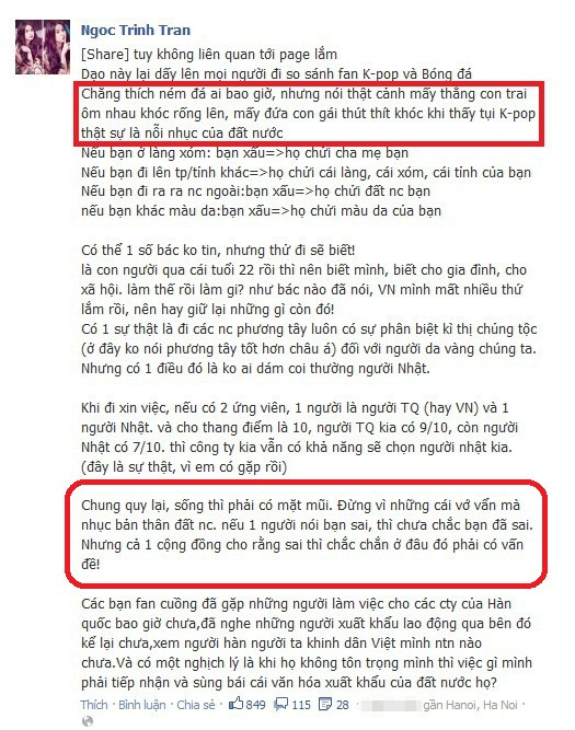 Dòng status gây tranh cãi trên trang cá nhân của Ngọc Trinh.