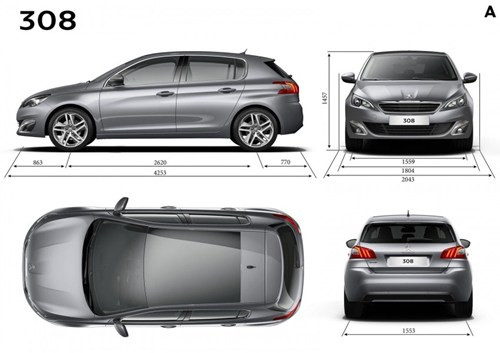 Chi tiết số đo 3 vòng của Peugeot 308.