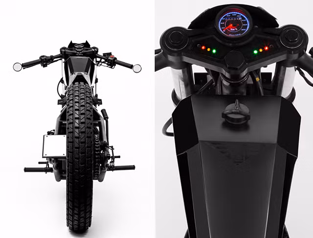 Hai thanh giảm xóc được gắn ngay phía dưới ghế ngồi. Để phù hợp với kích cỡ khung xe, Aditya Green quyết định sử dụng bộ lốp 18 inch. Toàn bộ các thanh bar và phuộc đều được chế tạo thủ công tại xưởng Mean Green Customs.