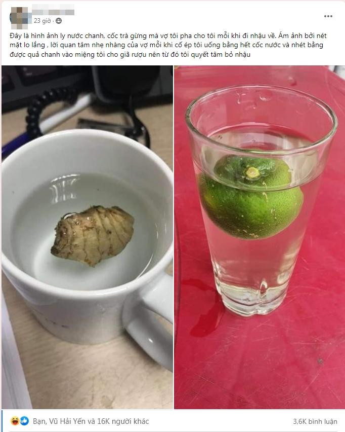 Nhìn vợ buồn tay pha cốc chanh gừng, chồng xin thề bỏ nhậu nhẹt Nhin vo buon tay pha coc chanh gung, chong xin the bo nhau nhet