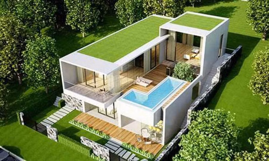 Mẫu biệt thự này đặt bể bơi ở phía trên sân thượng giúp tiết kiệm diện tích xây dựng. Đồng thời, hồ bơi cũng tạo nên một điểm nhấn ấn tượng.