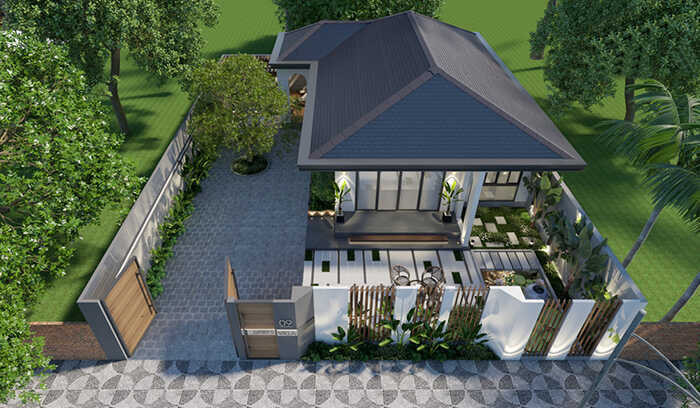 Biệt thự vườn này có hệ cửa sử dụng chất liệu kính trong suốt toát lên vẻ đẹp hiện đại, phù hợp với tổng thể công trình. Hệ tường rào bao quanh đan xen các thanh lam bằng gỗ vừa đẹp mắt lại đảm bảo yếu tố an ninh.