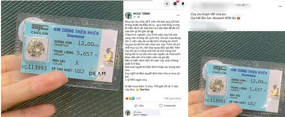 .. và cả kim cương. Được biết, đại diện bên bán túi và kim cương cho hay những hình ảnh đăng trên page đều là túi và kim cương Ngọc Trinh đã mua nên cô hoàn toàn có quyền sử dụng ảnh để đăng thanh lý. "Chuyện Ngọc Trinh pass đồ cũng khá bình thường tại Trinh đã có quá nhiều đồ dùng không hết. Nhiều người đã khuyên Ngọc Trinh nên bán đi vì túi lên giá để rất uổng. Trinh có công khai giá cả hết nên thuận mua vừa bán, ai thấy hợp lý thì mua. Đồ hiệu ở store sẽ khác với mua vợt sale hay mua tranh thủ cuối mùa nên không thể nói Trinh bán đắt hay rẻ. Cơ bản phù hợp với chi phí ban đầu bỏ ra là được", seller bán túi cho cô chia sẻ.
