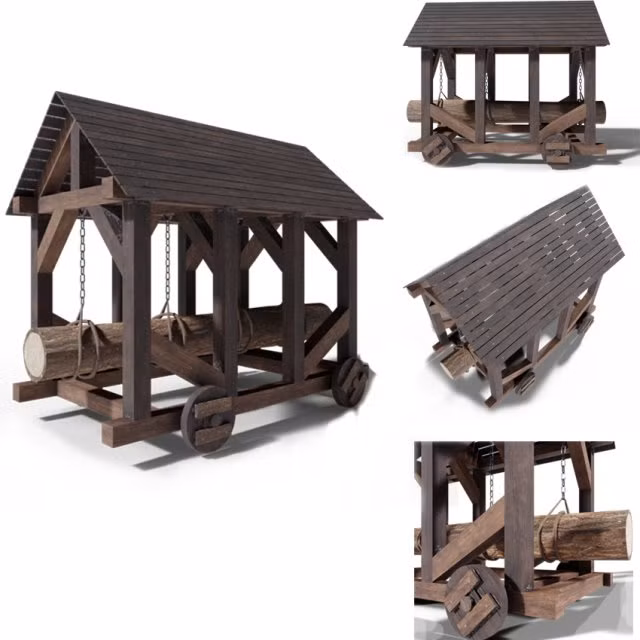 Theo các nhà nghiên cứu, vũ khí cổ đại này ban đầu có thể chỉ là một thanh gỗ đơn do nhiều người cùng bê. Sau đó, các bộ phận khác như bánh xe, trục treo và mái che dần dần được thêm vào.