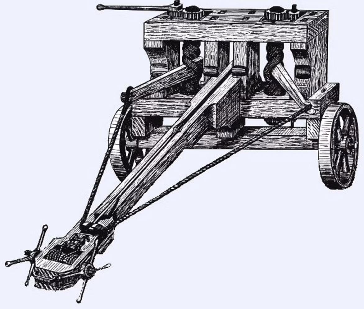 Nỏ khổng lồ ballista được làm chủ yếu từ gỗ bọc sắt với lực phóng được tạo ra từ sự đàn hồi của dây vặn xoắn. Ưu điểm của nó là độ chính xác tương đối cao và sức xuyên thấu cực mạnh.