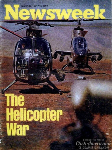 Trang bìa tạp chí Newsweek số ra ngày 15/03/1971 với tiêu đề "Cuộc chiến trực thăng" và hình ảnh phi đội trực thăng Mỹ chuẩn bị xuất kích tại miền Nam Việt Nam.