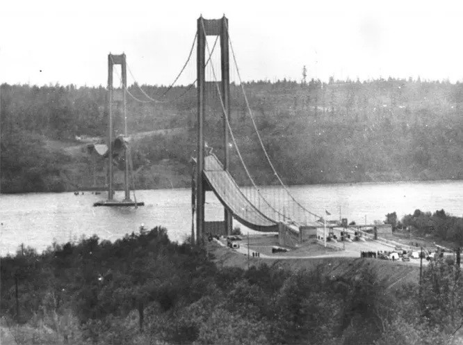 Cầu Tacoma Narrows, dài gần 2 km, được xây dựng ở bang Washington, Mỹ vào ngày 1/7/1940, nối hai bờ eo biển Tacoma Narrows. Do tính toán không chính xác về tác động khí động học của tải trọng, chưa đầy 1 năm cây cầu đã bị sập. Tại thời điểm đó, chỉ có 1 người đi xe máy trên cầu, người này đã may mắn bám kịp vào chỗ an toàn khi nhịp giữa rơi xuống nước, nhưng con chó của anh đã chết.