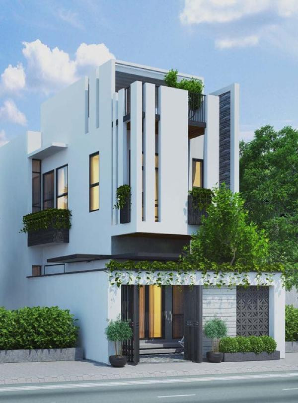 Cân nhà sử dụng kiến trúc liên tầng, được sơn phủ màu trắng, kết hợp với tiểu cảnh cây xanh tạo cảm giác độc đáo, hiện đại nhưng vẫn gần gũi với thiên nhiên.