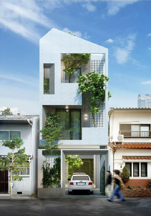 Mẫu nhà ống 3 tầng 5x20 được bố trí nhiều cây xanh từ ngoài cửa vào nhà, xuyên suốt các tầng tạo cảm giác dễ chịu, thoải mái. Căn nhà còn được thiết kế một khoảng sân có thể tận dụng làm gara để ô tô.