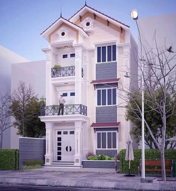 Mẫu nhà có thiết kế tân cổ điển với cột trụ và đường nét trang trí sang trọng.