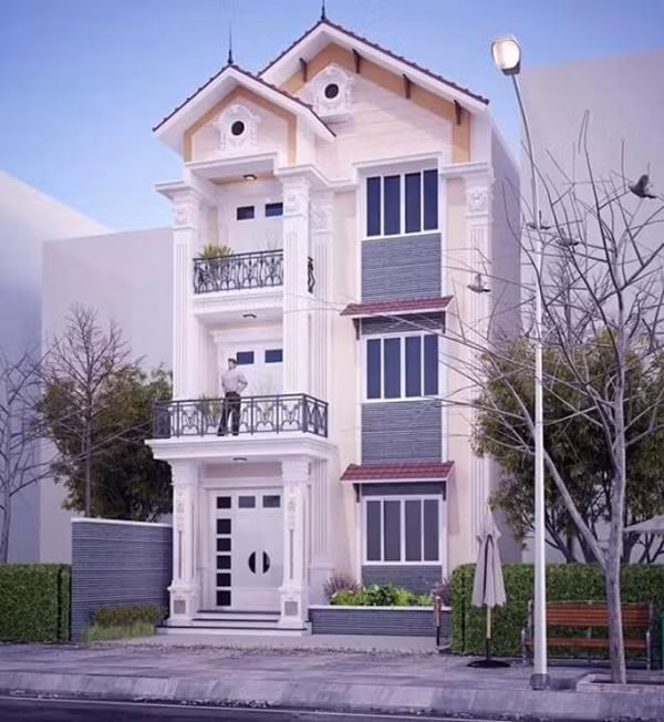 Mẫu nhà có thiết kế tân cổ điển với cột trụ và đường nét trang trí sang trọng.