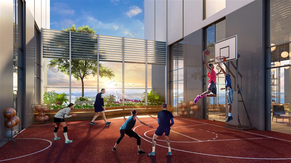 Bên cạnh ban công, các sân tập thể thao trong nhà, quán bar, nhà hàng, câu lạc bộ du thuyền… được thiết kế mở với những bức tường kính tràn trần, xóa nhòa khoảng cách giữa bên trong với bên ngoài. Dù đang tham gia hoạt động thể dục thể thao hay giải trí, cư dân vẫn có thể phóng tầm mắt thưởng thức vẻ đẹp của vịnh kỳ quan.