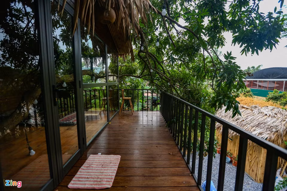 br/> Phần hành lang rộng 8 m2 được lát gỗ nhựa. Đứng từ đây, gia chủ có thể ngắm những cành nhãn và toàn bộ mảnh đất.
