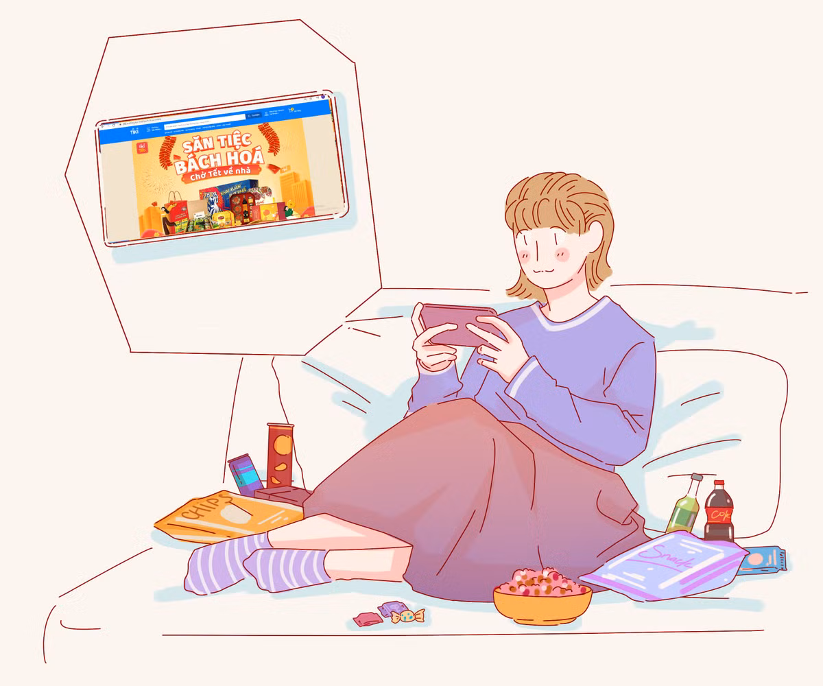  Đồ ăn vặt Tết: Nghỉ Tết ở nhà cả tuần, ngoài lúc tụ tập cùng bạn bè hay đi thăm họ hàng, phần lớn thời gian phái đẹp sẽ rúc trong chăn xem phim. Xem phim ngắm trai xinh gái đẹp thì không thể thiếu các đồ ăn vặt để nhâm nhi. Cơm cháy, nho khô, vải sấy, khô gà… các chị em có thể ăn thoải mái, hết thì đặt mua trên các trang thương mại điện tử với thao tác dễ dàng, vừa được giảm giá mạnh đến hơn 50% vừa được freeship tận nhà.