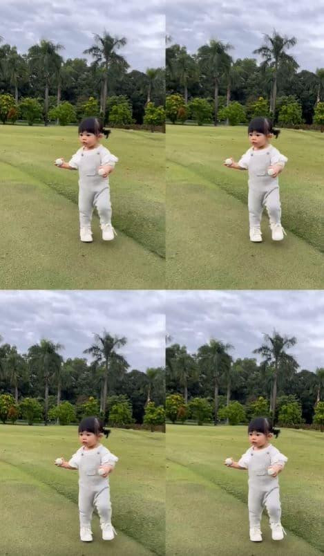 Trên trang cá nhân của mình, Đàm Thu Trang hào hứng "trêu chọc" nhóc tỳ: "Em bé lần đầu đi sân golf nhặt bóng cho ba".