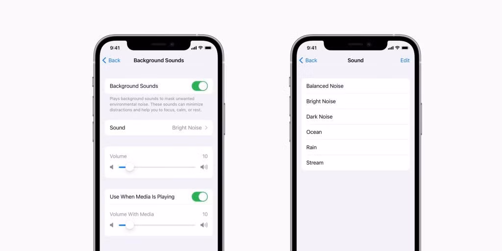 Một số tính năng bảo vệ quyền riêng tư mới cũng sẽ xuất hiện trên iOS 15, bao gồm danh sách ứng dụng đang âm thầm thu thập dữ liệu. Ngoài ra, ứng dụng Sức khỏe (Health) sẽ có thể theo dõi chế độ ăn uống, tiêu thụ thực phẩm. Hiện tại, Apple đã giới thiệu một tính năng mới trên iOS 15 có tên Background Sounds, phát một số âm thanh như mưa, suối chảy giúp người dùng tập trung và thư giãn hơn. Ảnh: Apple.