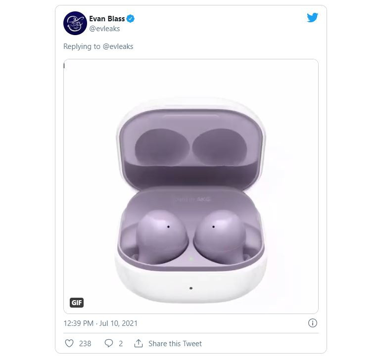 Ngoài ra, Even Blass còn tiết lộ 3 màu sắc mới của Galaxy Buds2. Ảnh GIF được leaker này đăng tải cho thấy mẫu tai nghe không dây mới của Samsung sẽ có màu tím, xám và trắng. Ảnh: Chụp màn hình.
