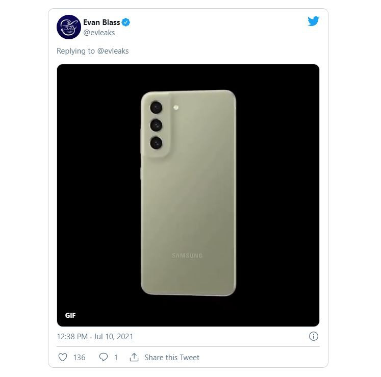 Galaxy S21 FE được đồn là sẽ có màu trắng, xám vàng, tím và đen. Theo The Verge, nếu S21 FE được phát hành, đây có thể là phiên bản tầm trung của Galaxy S21. Đồng thời, chiếc máy này sẽ "kế thừa" mẫu thiết kế của phiên bản tiền nhiệm. Ảnh: Chụp màn hình.