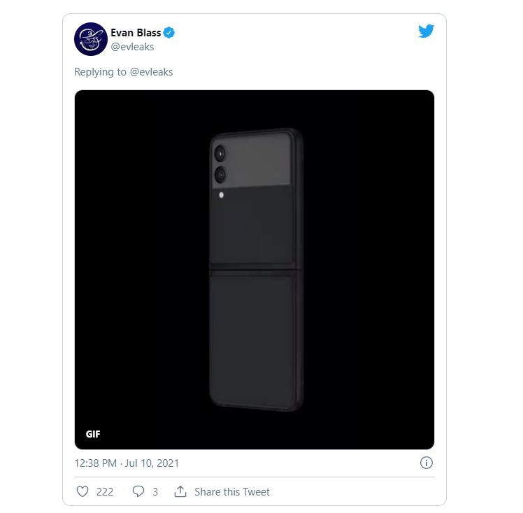 Theo Evan Blass, dòng Z Flip3 sẽ có màu tím, đen, vàng và xanh rêu. Đồng thời, ông cho rằng sự kiện ra mắt sẽ diễn ra vào ngày 11/8. Theo Ddaily, Samsung đã xác nhận tổ chức Galaxy Unpacked vào lúc 10h, ngày 11/8. Ảnh: Chụp màn hình.