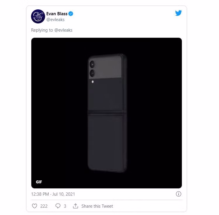 Theo Evan Blass, dòng Z Flip3 sẽ có màu tím, đen, vàng và xanh rêu. Đồng thời, ông cho rằng sự kiện ra mắt sẽ diễn ra vào ngày 11/8. Theo Ddaily, Samsung đã xác nhận tổ chức Galaxy Unpacked vào lúc 10h, ngày 11/8. Ảnh: Chụp màn hình.
