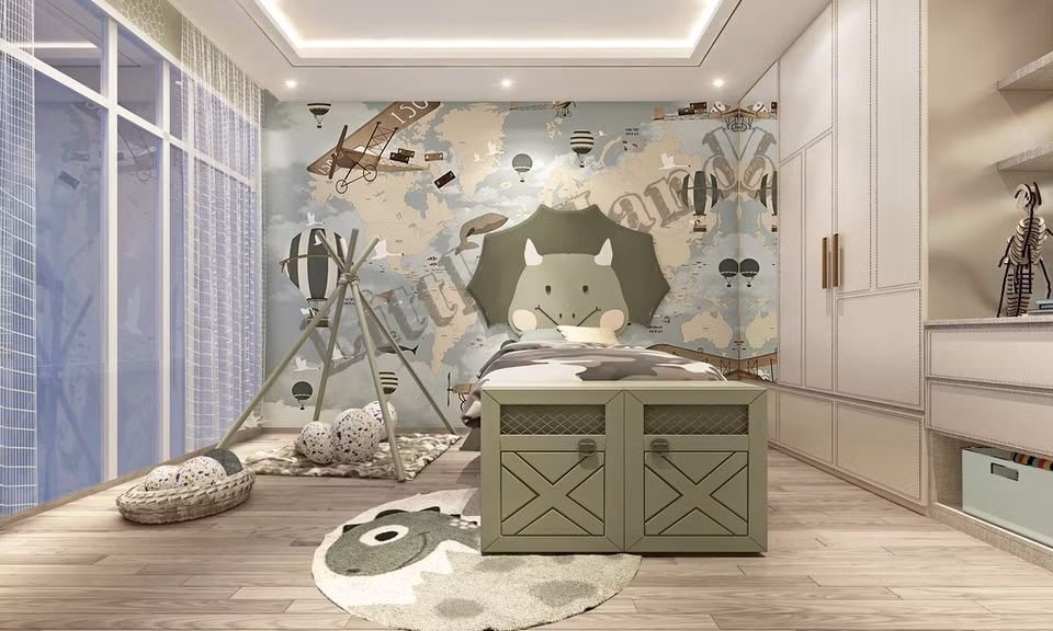 br/> Phòng ngủ của trẻ được trang trí giấy dán tường bắt mắt, màu sắc trẻ trung.