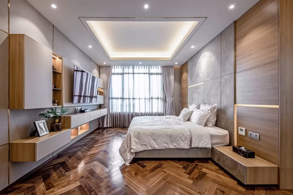 br/> Phòng ngủ master có đầy đủ tiện nghi như toilet, phòng thay đồ, trang điểm kết hợp làm việc.