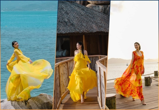 Những thiết kế vải voan, lụa không chỉ đem lại cảm giác thoải mái cho người mặc mà còn còn có tính ứng dụng cao trong những chuyến du lịch. Hà Kiều Anh đẹp thướt tha trong 3 chiếc váy maxi khác nhau: váy tay bồng loang màu vàng – trắng, váy bèo cổ yếm màu vàng và váy loang tone đỏ - cam nổi bật.