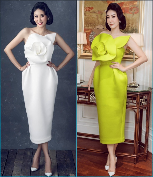 Người đẹp để lại ấn tượng với hai mẫu váy có tạo hình khối hoa lớn trước ngực màu trắng và vàng chanh, phối cùng bông tai ngọc trai và giày cao gót trắng. Sở hữu nét đẹp quý phái gần như không góc chết, Hà Kiều Anh vẫn luôn đẹp rạng ngời dù tạo bất cứ kiểu tóc nào, từ tóc dài buông xõa đến tóc ngắn lệch ngôi.