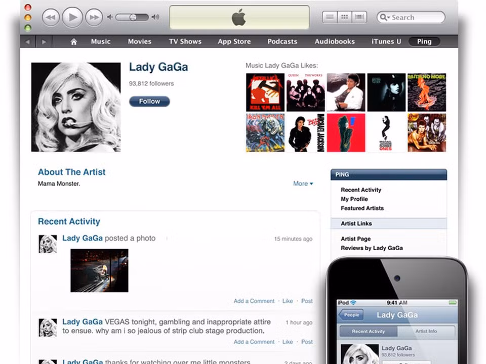 br/> Tiếp theo, bài viết “rác”, lừa đảo xuất hiện dày đặc trên Ping chỉ 24 tiếng sau khi nền tảng này hoạt động, những tài khoản giả mạo nghệ sĩ cũng khiến Apple mất hàng giờ để loại bỏ. Ping trở thành cơn “ác mộng” với người dùng lẫn giới nghệ sĩ từ khi ra đời, nhưng vẫn tồn tại trong 2 năm trước khi bị đóng cửa do ít người dùng. Ảnh: Apple