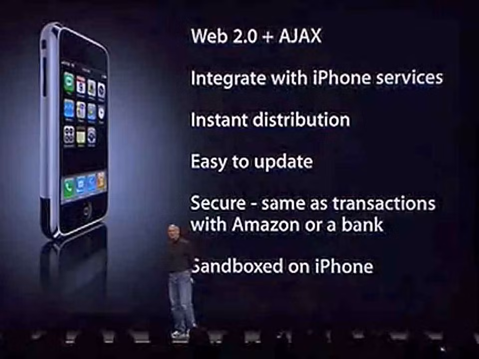 br/> Sai lầm tiếp theo của Jobs liên quan đến chiếc iPhone đầu tiên. Do không có App Store, máy chỉ có thể chạy ứng dụng bên thứ ba trên trình duyệt web. Dù các lập trình viên yêu cầu tạo ra kho ứng dụng, Jobs vẫn kiên định với giải pháp sử dụng trình duyệt, cho rằng chúng có thể truy cập dễ dàng trên mọi thiết bị, không cần tối ưu nếu iOS được nâng cấp. Ảnh: Malloc.