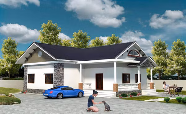 Sơn tường màu trắng tinh tế, bậc tam cấp cao cùng mái thái dốc giúp căn nhà trông cao ráo, thanh thoát